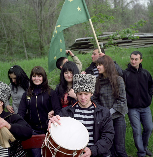 Dzhegu, a traditional Circassian youth party with dance and entertainment always accompanied with the green star-and-arrowed Circassian flag – an important element of the reemerging Circassian identity. Leaders of Circassian national movements in Russia and Diaspora rely on the younger generation, free, they believe, from the Soviet-nurtured fear and indifference. ASHE/SOCHI, RUSSIA, MAY 2009