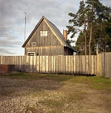Fenced wooden house with pines